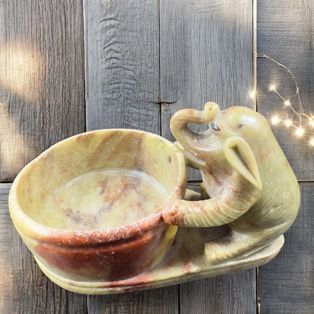 Vintage Chinese Soapstone Stone Carved Elephant Dish Tray Votive Holder Decor